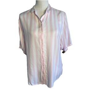Beach Lunch Lounge Better Late Ladies S Pink White Stripe Tunic Button Shirt